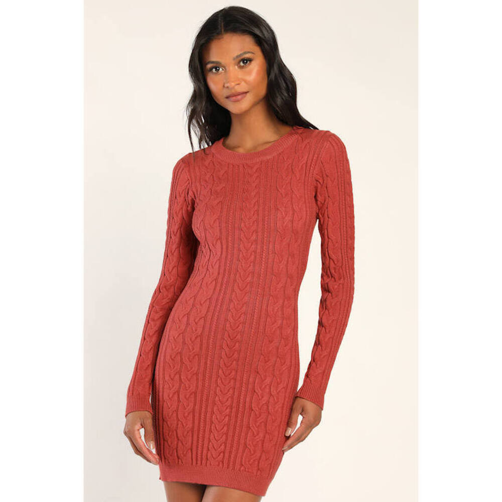 Lulus Snuggly Sensation Rust Red Cable Knit Bodycon Sweater Dress - Size XS